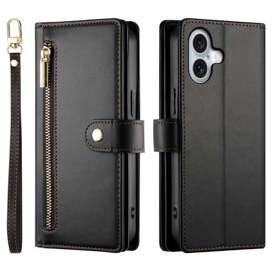 For iPhone 16 Nine Card-slot Zipper Wallet Bag Leather Phone Case(Black) by buy2fix
