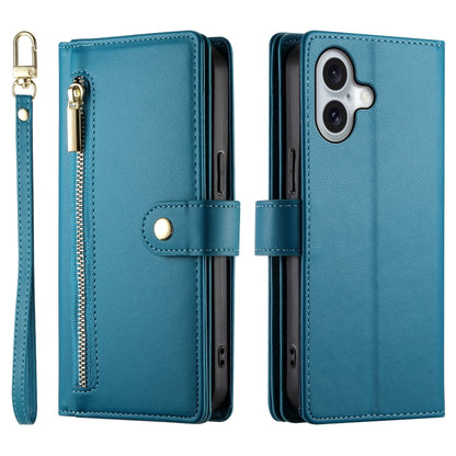 For iPhone 16 Nine Card-slot Zipper Wallet Bag Leather Phone Case(Blue) - iPhone 16 Cases by buy2fix | Online Shopping UK | buy2fix