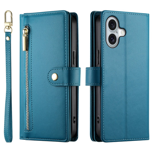 For iPhone 16 Nine Card-slot Zipper Wallet Bag Leather Phone Case(Blue) by buy2fix