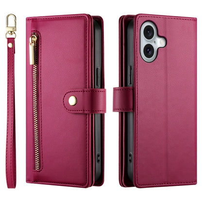 For iPhone 16 Plus Nine Card-slot Zipper Wallet Bag Leather Phone Case(Red) by buy2fix