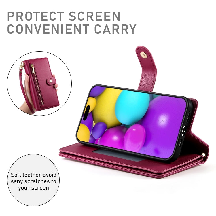 For iPhone 16 Plus Nine Card-slot Zipper Wallet Bag Leather Phone Case(Red) by buy2fix