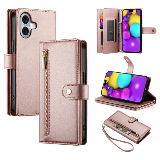 For iPhone 16 Plus Nine Card-slot Zipper Wallet Bag Leather Phone Case(Pink) by buy2fix