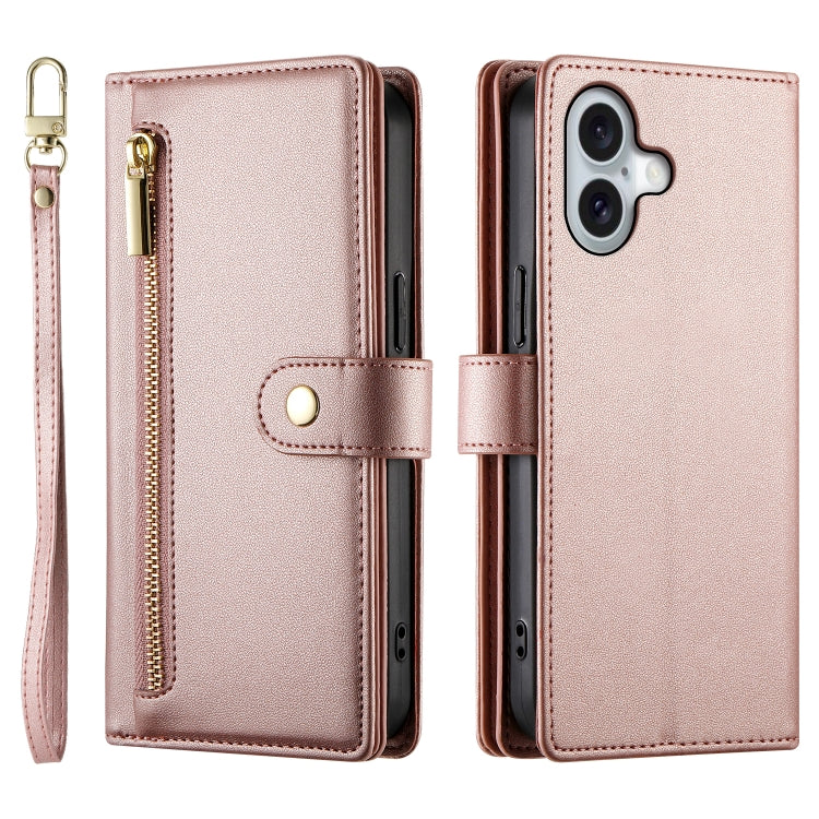 For iPhone 16 Plus Nine Card-slot Zipper Wallet Bag Leather Phone Case(Pink) by buy2fix