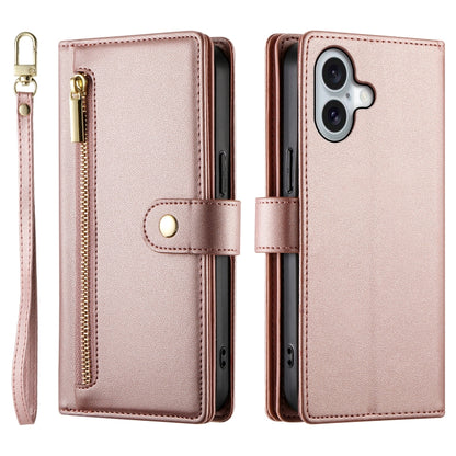 For iPhone 16 Plus Nine Card-slot Zipper Wallet Bag Leather Phone Case(Pink) by buy2fix
