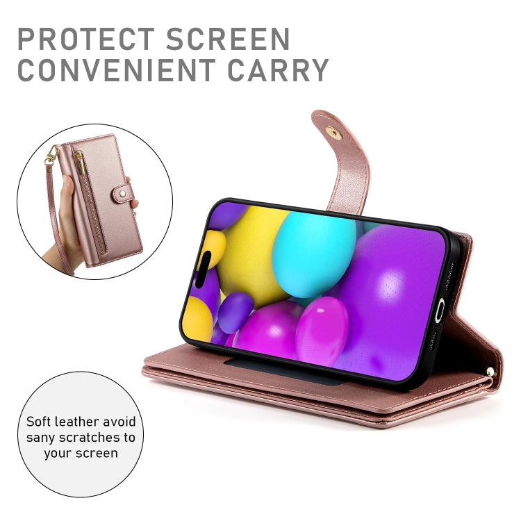 For iPhone 16 Plus Nine Card-slot Zipper Wallet Bag Leather Phone Case(Pink) by buy2fix