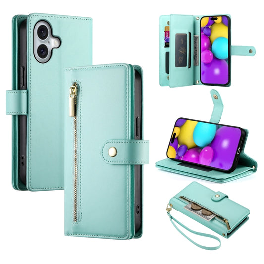 For iPhone 16 Plus Nine Card-slot Zipper Wallet Bag Leather Phone Case(Mint Green) by buy2fix