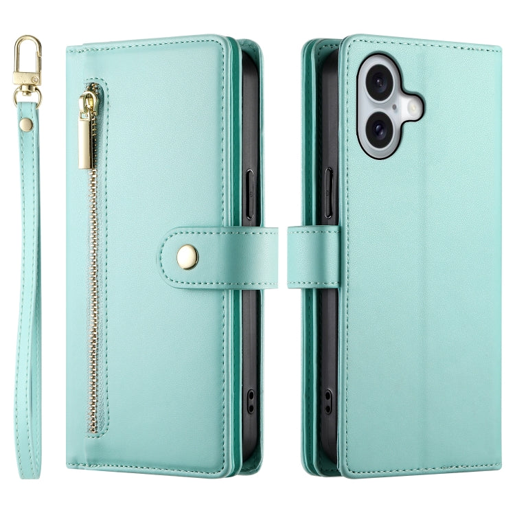 For iPhone 16 Plus Nine Card-slot Zipper Wallet Bag Leather Phone Case(Mint Green) by buy2fix