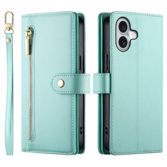 For iPhone 16 Plus Nine Card-slot Zipper Wallet Bag Leather Phone Case(Mint Green) by buy2fix