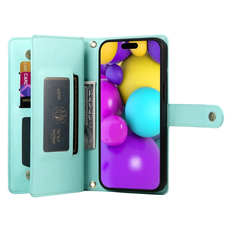 For iPhone 16 Plus Nine Card-slot Zipper Wallet Bag Leather Phone Case(Mint Green) by buy2fix