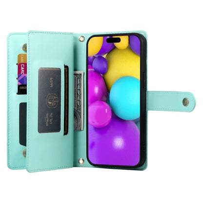 For iPhone 16 Plus Nine Card-slot Zipper Wallet Bag Leather Phone Case(Mint Green) by buy2fix