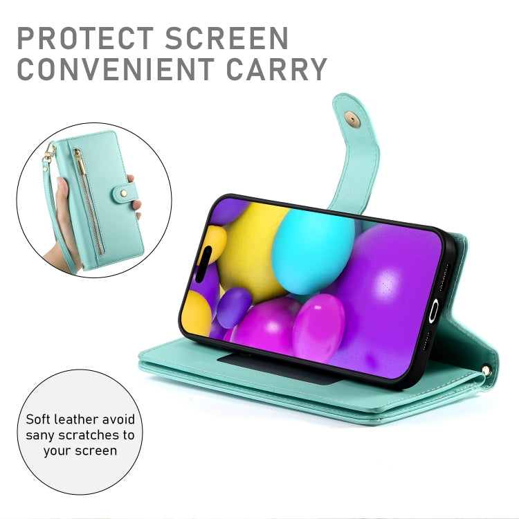 For iPhone 16 Plus Nine Card-slot Zipper Wallet Bag Leather Phone Case(Mint Green) by buy2fix