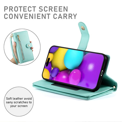 For iPhone 16 Plus Nine Card-slot Zipper Wallet Bag Leather Phone Case(Mint Green) by buy2fix