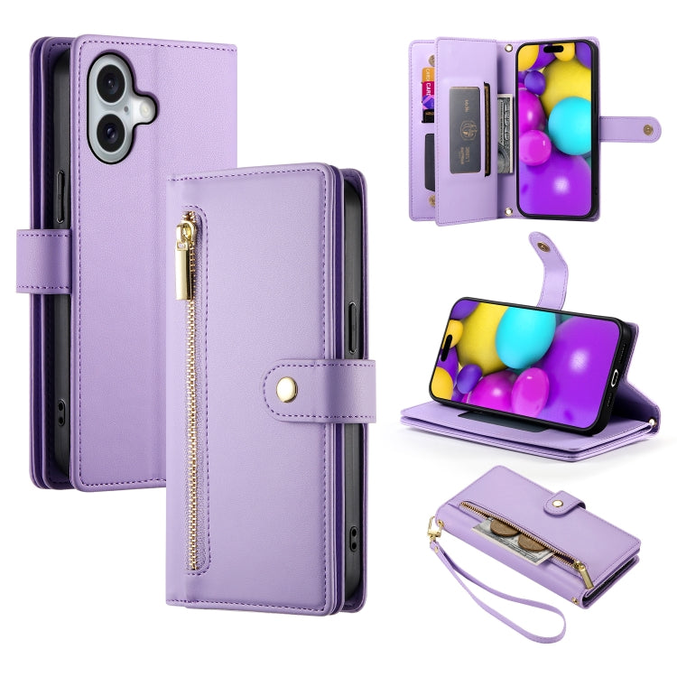For iPhone 16 Plus Nine Card-slot Zipper Wallet Bag Leather Phone Case(Purple) by buy2fix