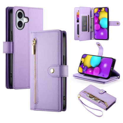 For iPhone 16 Plus Nine Card-slot Zipper Wallet Bag Leather Phone Case(Purple) by buy2fix