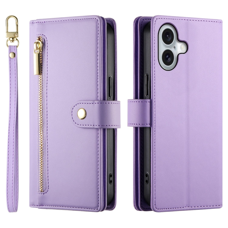 For iPhone 16 Plus Nine Card-slot Zipper Wallet Bag Leather Phone Case(Purple) by buy2fix