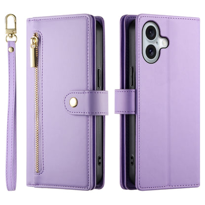 For iPhone 16 Plus Nine Card-slot Zipper Wallet Bag Leather Phone Case(Purple) by buy2fix