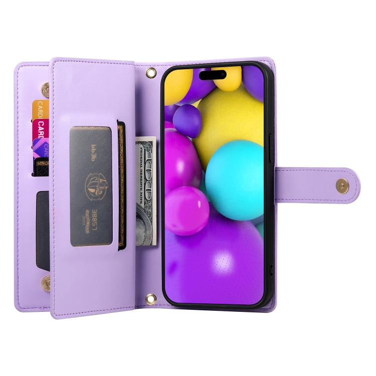 For iPhone 16 Plus Nine Card-slot Zipper Wallet Bag Leather Phone Case(Purple) by buy2fix