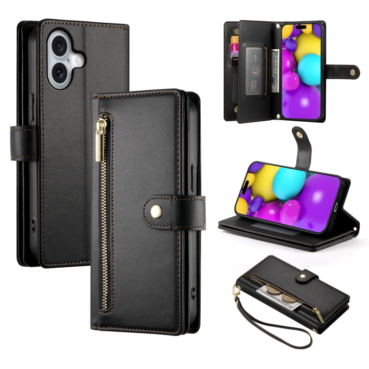 For iPhone 16 Plus Nine Card-slot Zipper Wallet Bag Leather Phone Case(Black) by buy2fix