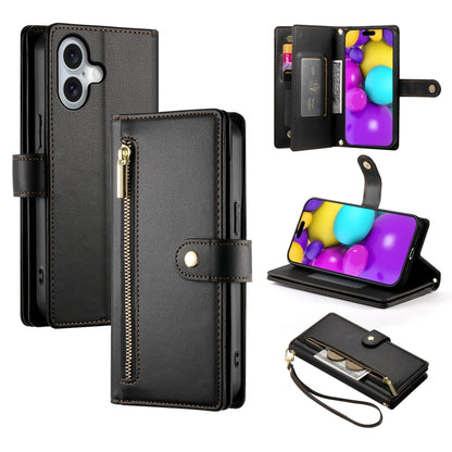For iPhone 16 Plus Nine Card-slot Zipper Wallet Bag Leather Phone Case(Black) by buy2fix