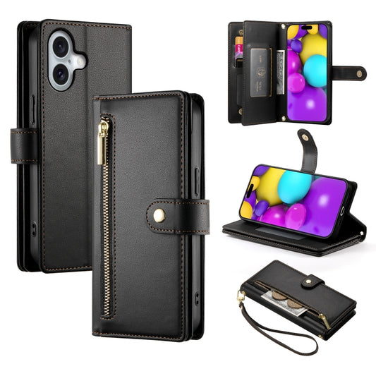 For iPhone 16 Plus Nine Card-slot Zipper Wallet Bag Leather Phone Case(Black) by buy2fix