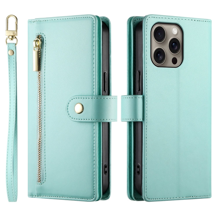 For iPhone 16 Pro Max Nine Card-slot Zipper Wallet Bag Leather Phone Case(Mint Green) - iPhone 16 Pro Max Cases by buy2fix | Online Shopping UK | buy2fix