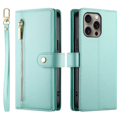 For iPhone 16 Pro Max Nine Card-slot Zipper Wallet Bag Leather Phone Case(Mint Green) - iPhone 16 Pro Max Cases by buy2fix | Online Shopping UK | buy2fix