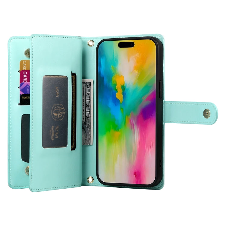 For iPhone 16 Pro Max Nine Card-slot Zipper Wallet Bag Leather Phone Case(Mint Green) - iPhone 16 Pro Max Cases by buy2fix | Online Shopping UK | buy2fix