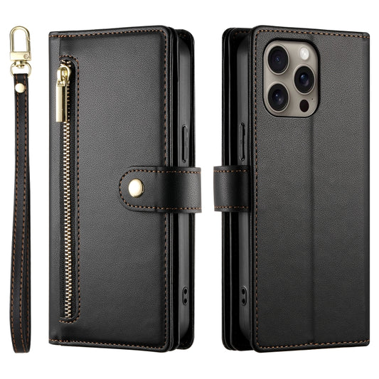 For iPhone 16 Pro Max Nine Card-slot Zipper Wallet Bag Leather Phone Case(Black) by buy2fix