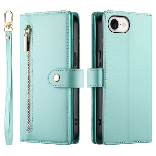 For iPhone 16e Nine Card-slot Zipper Wallet Bag Leather Phone Case(Mint Green) by buy2fix