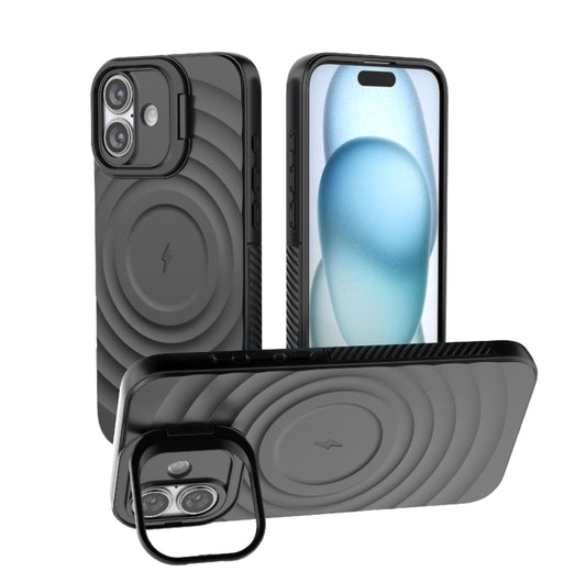 For iPhone 16 Plus Lens Frame Bracket Corrugated MagSafe Phone Case(Black) - iPhone 16 Plus Cases by buy2fix | Online Shopping UK | buy2fix