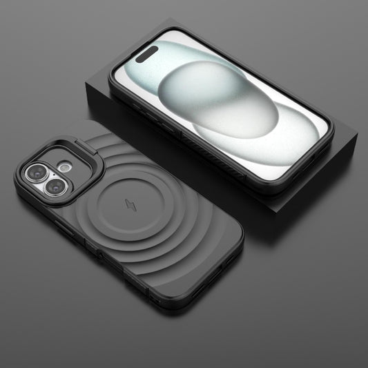 For iPhone 16 Lens Frame Bracket Corrugated MagSafe Phone Case(Black) by buy2fix