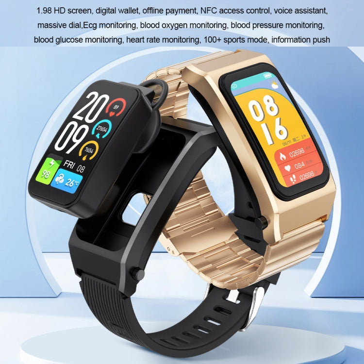 A8 1.98 inch 2 in 1 Bluetooth Earphone Silicone Strap Smart Watch, Support ECG / NFC(Black) - Smart Watches by buy2fix | Online Shopping UK | buy2fix