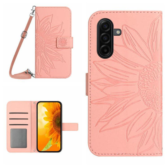 For Samsung Galaxy A57 5G Skin Feel Sun Flower Embossed Flip Leather Phone Case with Lanyard(Pink)
