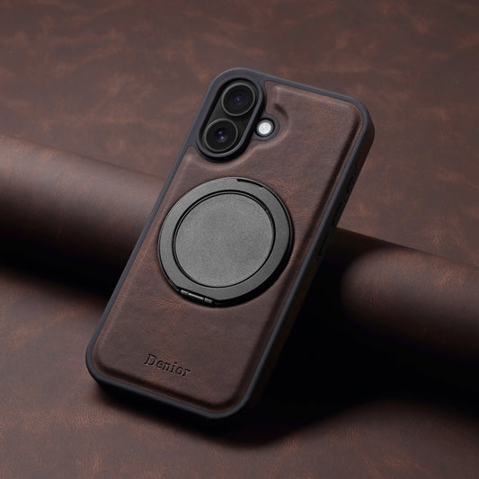 For iPhone 16 Plus Denior A14 Skin Feel Rotating Holder MagSafe Phone Case(Brown) by Denior