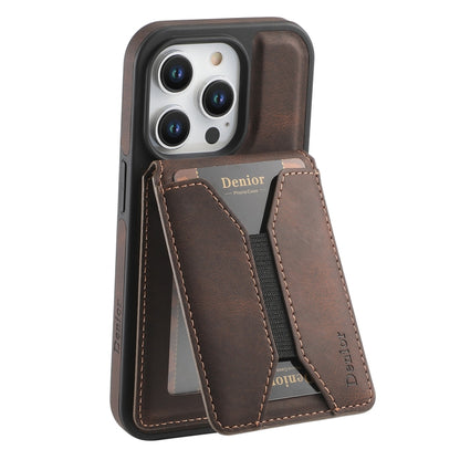 For iPhone 14 Pro Max Denior D18 Skin Feel Rotating Holder MagSafe Detachable Card Slot Phone Case(Brown) - iPhone 14 Pro Max Cases by Denior | Online Shopping UK | buy2fix