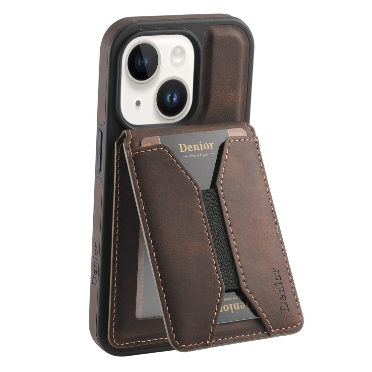 For iPhone 15 Denior D18 Skin Feel Rotating Holder MagSafe Detachable Card Slot Phone Case(Brown) - iPhone 15 Cases by Denior | Online Shopping UK | buy2fix