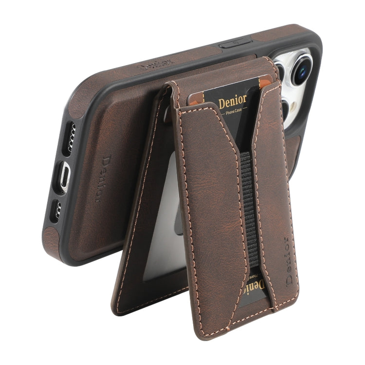 For iPhone 15 Plus / 14 Plus Denior D18 Skin Feel Rotating Holder MagSafe Detachable Card Slot Phone Case(Brown) - iPhone 15 Plus Cases by Denior | Online Shopping UK | buy2fix