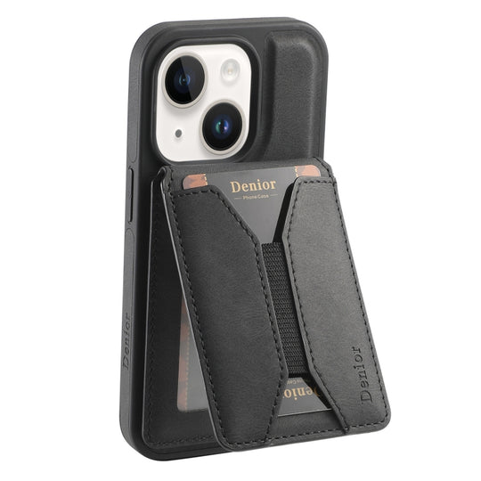 For iPhone 15 Plus / 14 Plus Denior D18 Skin Feel Rotating Holder MagSafe Detachable Card Slot Phone Case(Black)