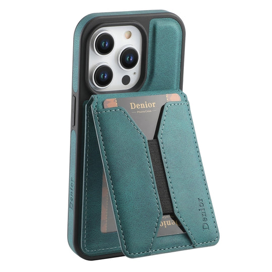 For iPhone 15 Pro Max Denior D18 Skin Feel Rotating Holder MagSafe Detachable Card Slot Phone Case(Blue)