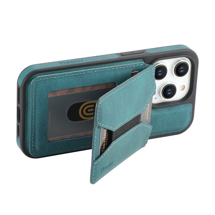 For iPhone 16 Denior D18 Skin Feel Rotating Holder MagSafe Detachable Card Slot Phone Case(Blue) - iPhone 16 Cases by Denior | Online Shopping UK | buy2fix