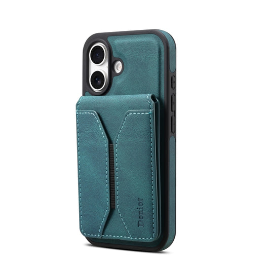 For iPhone 16 Plus Denior D18 Skin Feel Rotating Holder MagSafe Detachable Card Slot Phone Case(Blue) by Denior