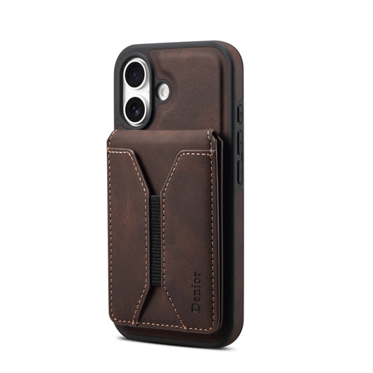 For iPhone 16 Plus Denior D18 Skin Feel Rotating Holder MagSafe Detachable Card Slot Phone Case(Brown) by Denior
