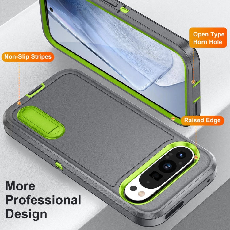 For Google Pixel 9 Pro Rugged PC + Silicone Phone Case with Holder(Grey+Fresh Green) - Google Cases by buy2fix | Online Shopping UK | buy2fix