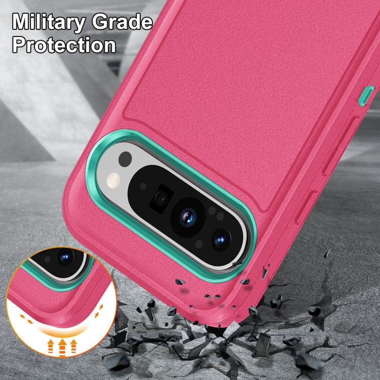 For Google Pixel 9 Rugged PC + Silicone Phone Case with Holder(Rose Red+Light Green) - Google Cases by buy2fix | Online Shopping UK | buy2fix