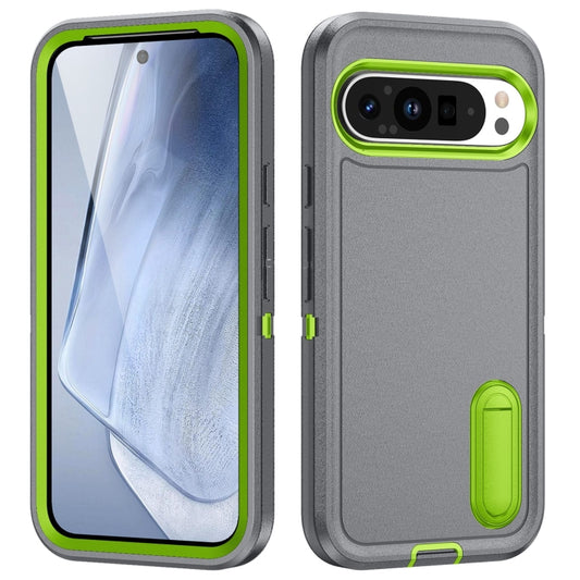 For Google Pixel 9 Rugged PC + Silicone Phone Case with Holder(Grey+Fresh Green) - Google Cases by buy2fix | Online Shopping UK | buy2fix