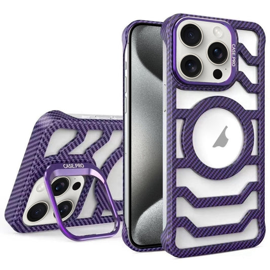 For iPhone 15 Pro Borderless Carbon Fiber Lens Protection Bracket MagSafe Phone Case(Purple) by buy2fix