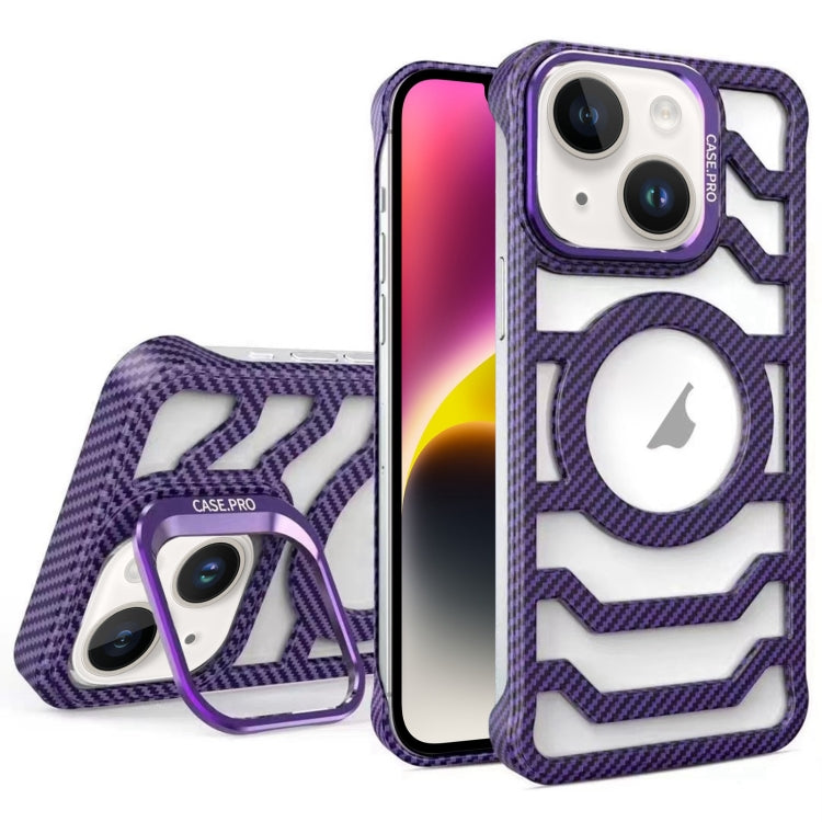 For iPhone 14 Borderless Carbon Fiber Lens Protection Bracket MagSafe Phone Case(Purple) - iPhone 14 Cases by buy2fix | Online Shopping UK | buy2fix