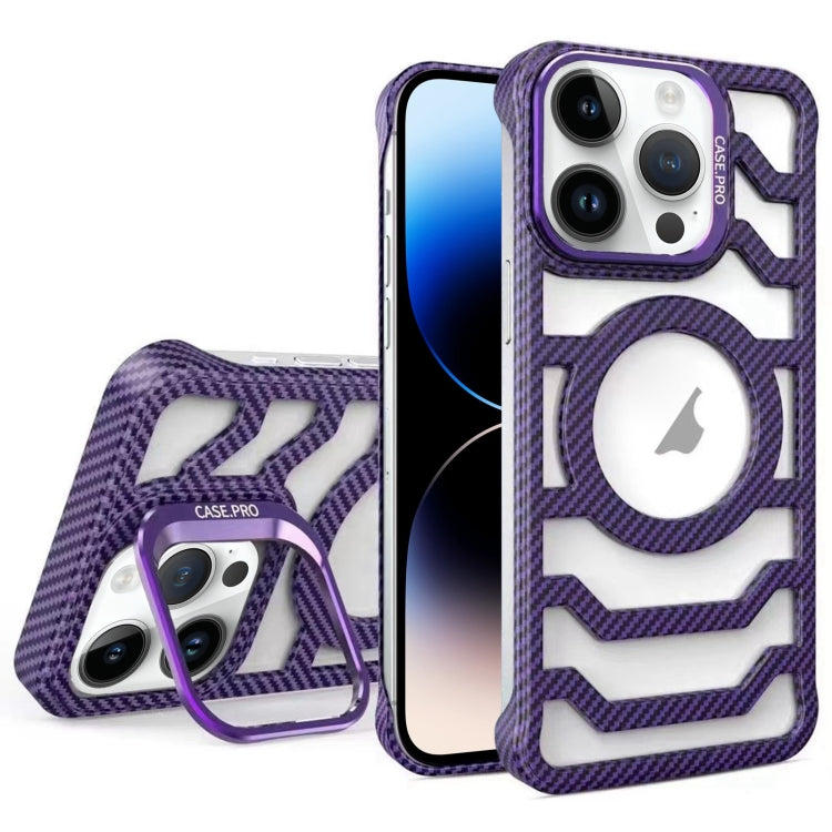 For iPhone 14 Pro Borderless Carbon Fiber Lens Protection Bracket MagSafe Phone Case(Purple) - iPhone 14 Pro Cases by buy2fix | Online Shopping UK | buy2fix