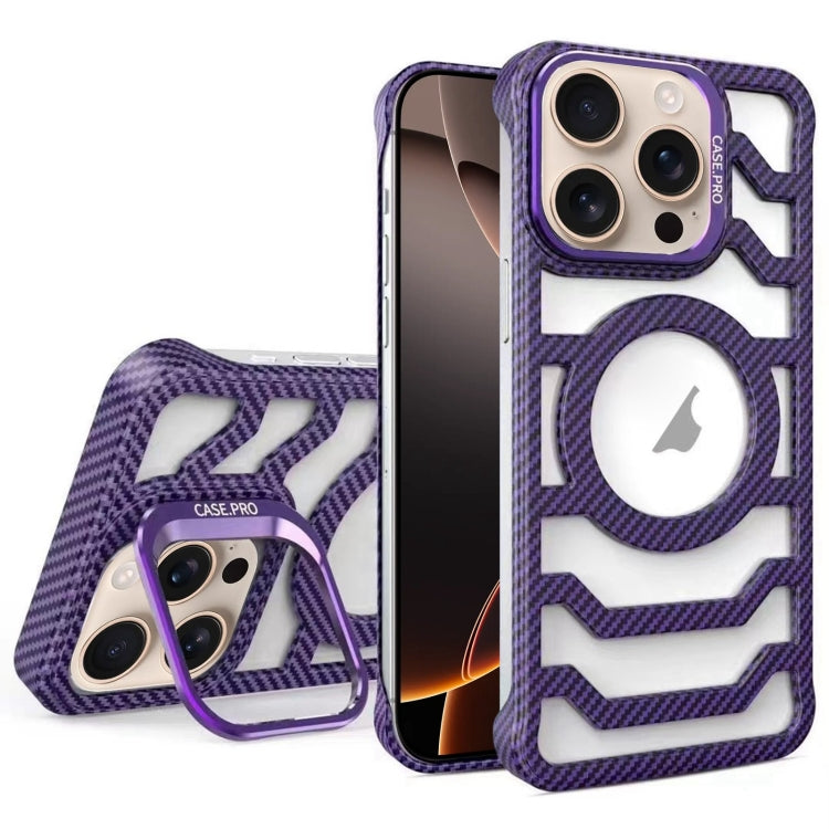 For iPhone 16 Pro Max Borderless Carbon Fiber Lens Protection Bracket MagSafe Phone Case(Purple) by buy2fix