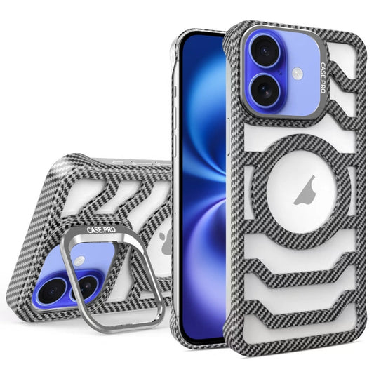 For iPhone 16 Borderless Carbon Fiber Lens Protection Bracket MagSafe Phone Case(Grey) - iPhone 16 Cases by buy2fix | Online Shopping UK | buy2fix